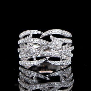 19496 EFFY 14K White Gold Pave Round Diamond Crossover Cocktail Ring Band Size 7